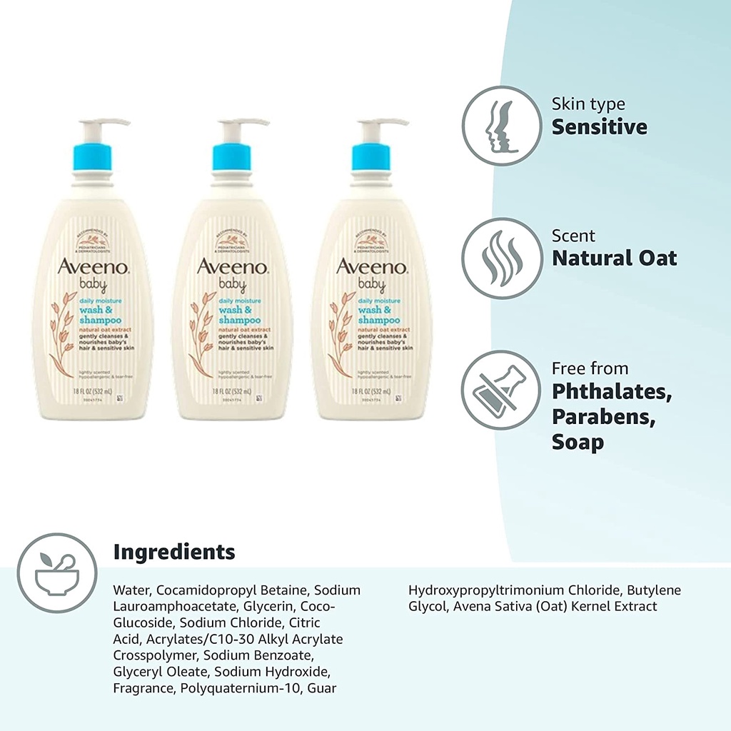 [Hàng Mỹ Đi Air] Sữa tắm gội toàn thân cho bé Aveeno Baby Daily Moisture chiết xuất yến mạch 532ml