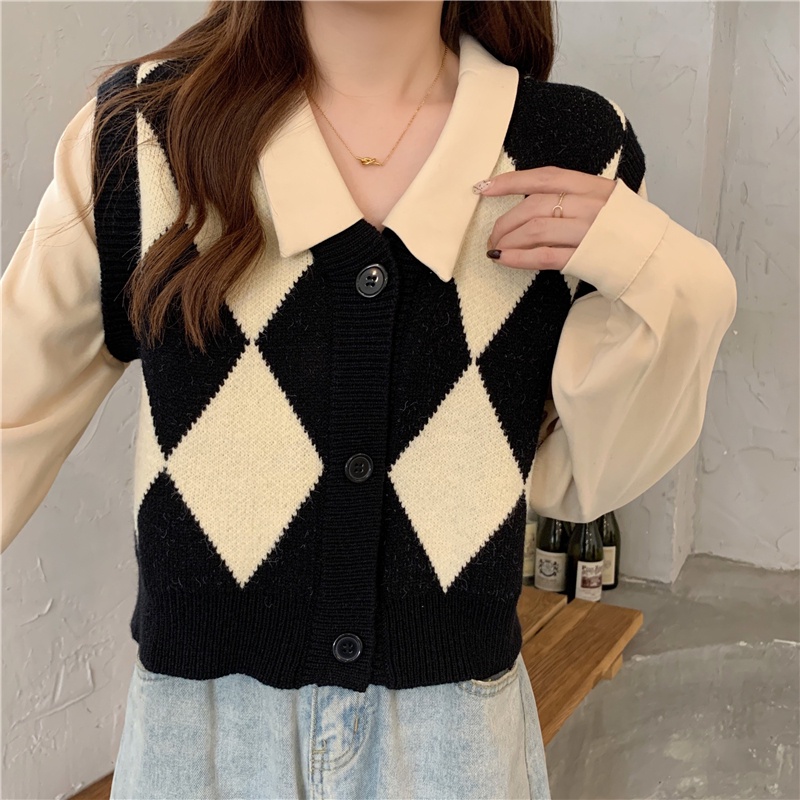 Áo len ZHELIHANGFEI tay dài giả hai lớp cổ polo dáng rộng họa tiết sọc caro dễ phối đồ