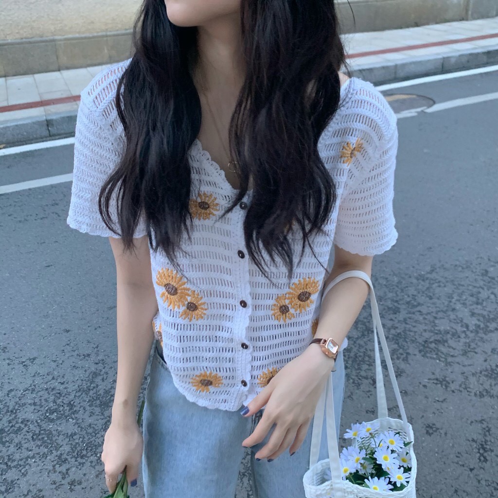 Áo babydoll len cộc tay thêu hoa cúc Ulzzang (hàng QC) - ẢNH THẬT