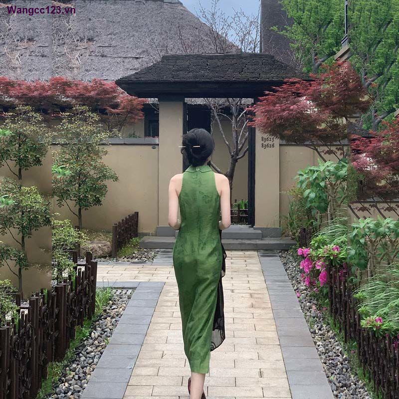 Sườn xám cách tân dáng dài/ ngắn/ ngắn họa tiết lá cây xanh cổ điển thời trang mùa hè cho nữ