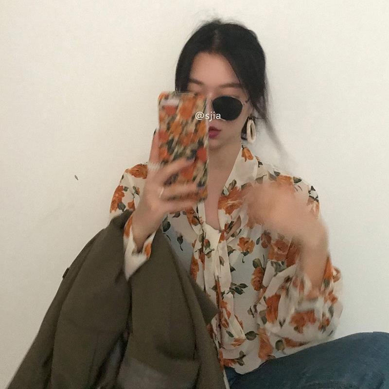 Phụ Nữ Mùa Thu Áo Sơ Mi Hoa Retro Mới Phiên Bản Hàn Quốc Thời Trang Cổ Chữ V Top