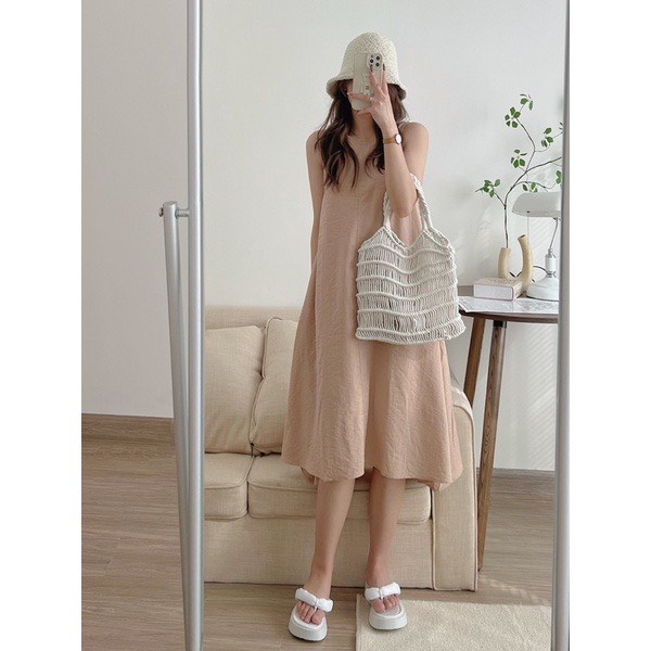 Đầm Sát Nách Đũi Trơn Dáng Dài, Váy suông Ba Lỗ Cổ Tròn