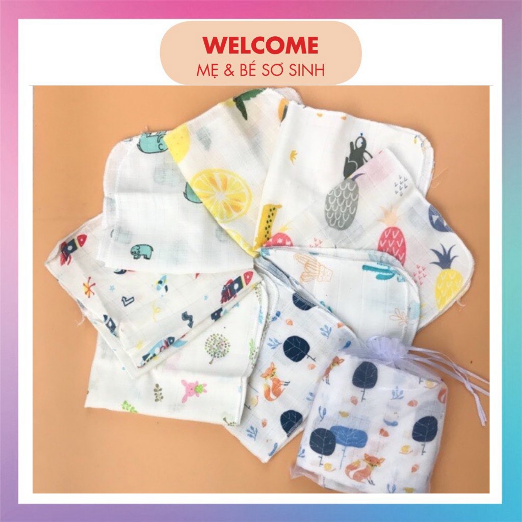 Khăn sữa cho bé sơ sinh sợi tre Aden hàng chuẩn xuất Nhật, sét 10 khăn sữa 2 lớp túi lưới cao cấp