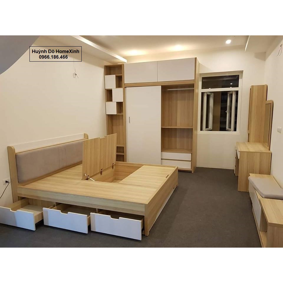 Nội thất phòng ngủ C124: Giường thông minh, tab, tủ áo 2 cánh lùa 2 cánh lật kết hợp ô trang trí vân