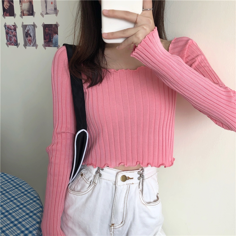 🐇 Áo Lửng Tay Dài Thời Trang Dành Cho Nữ Áo Croptop Áo thun nữ, áo croptop tay dài Dệt Kim Tay Dài Trễ Vai Thiết Kế Ôm Sát Quyến Rũ