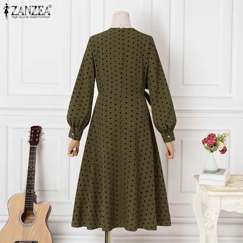 Đầm maxi Zanzea tay dài cổ chữ V in chấm B hợp thời trang