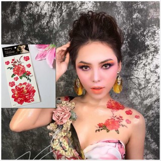 Hình xăm dán hoa mẫu đơn đỏ cam 10x20cm