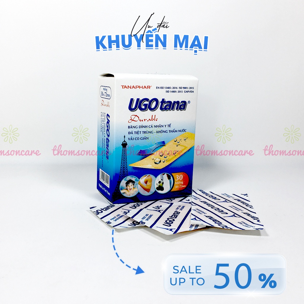 Hộp Băng dính cá nhân y tế UGOTANA miếng to 38x72mm Hộp 30 miêng Không thấm nước, băng vết thương đứt tay