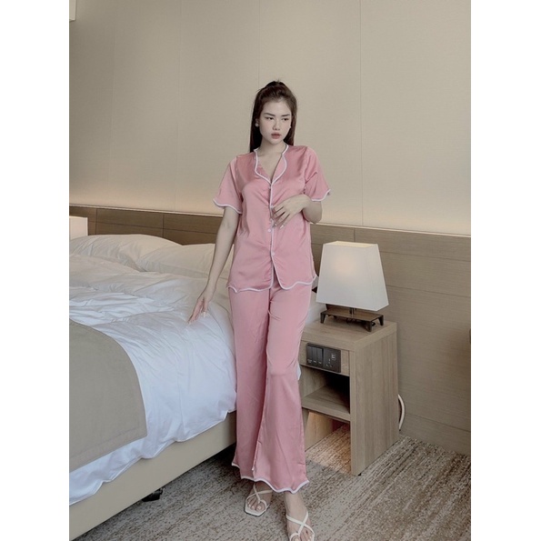 Bộ Đồ Pijama – Bộ Lụa latin viền sóng tay cộc quần dài [Hàng Đẹp, Lụa Mát Mịn]  Không Nhăn, Không Bai Giãn | BigBuy360 - bigbuy360.vn