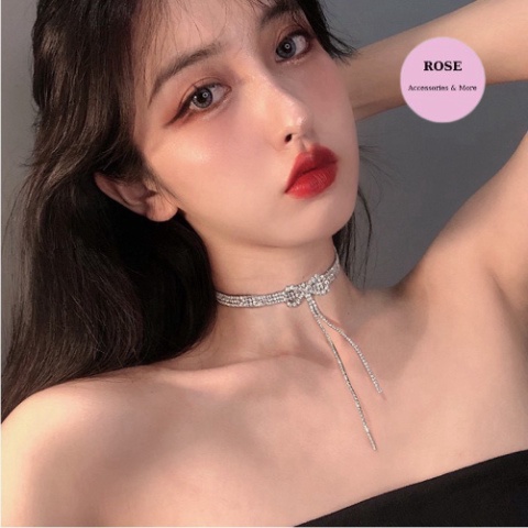 Vòng Cổ Đá, Choker Đính Đá Lấp Lánh Thắt Nơ Trước Điệu Đà Vòng Cổ ROSE VC119