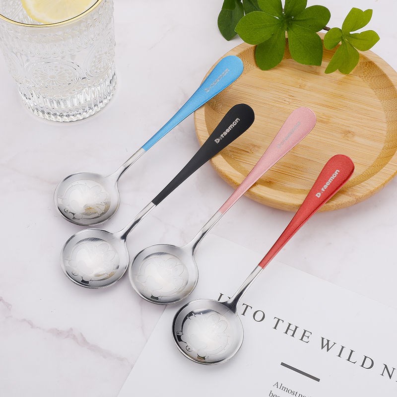 Muỗng cà phê tròn hoạt hình Doraemon màu vàng hồng tinh tế chất liệu thép không gỉ