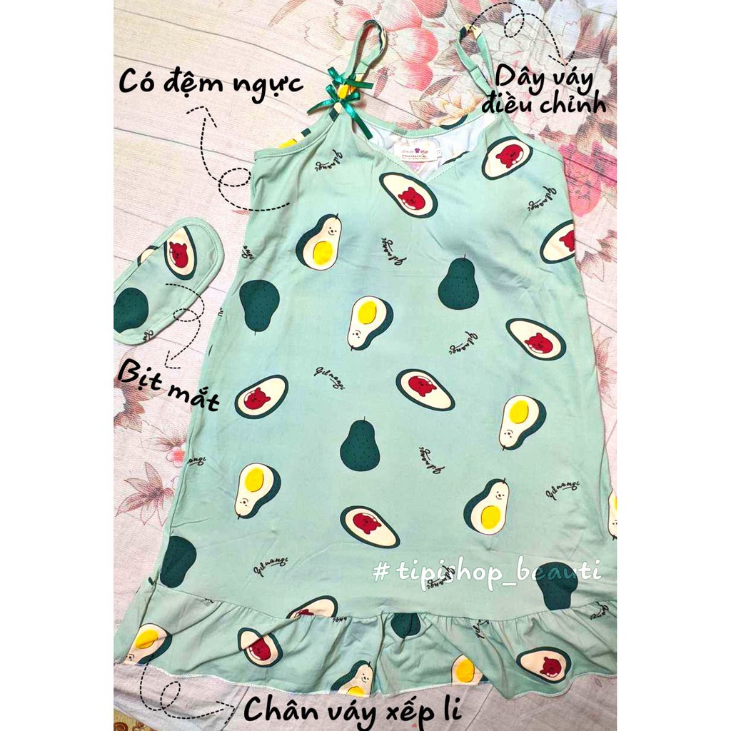 Đồ ngủ nữ đầm thun mềm, Váy ngủ 2 dây đuôi xếp ly có đệm ngực (Tặng kèm bịt mắt) | BigBuy360 - bigbuy360.vn