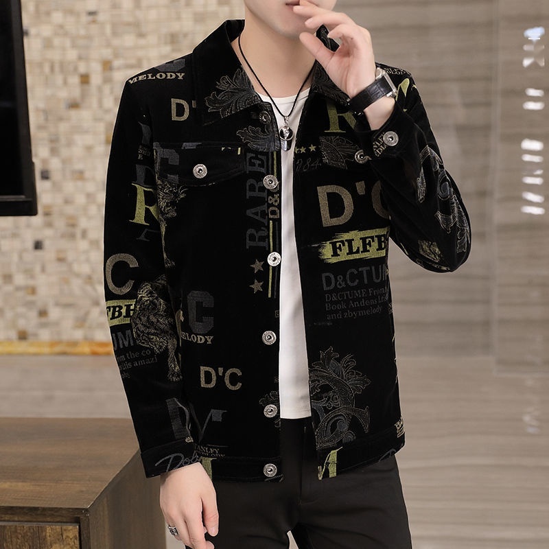 Áo khoác nhung in họa tiết phong cách xuân thu thời trang cá tính cho nam