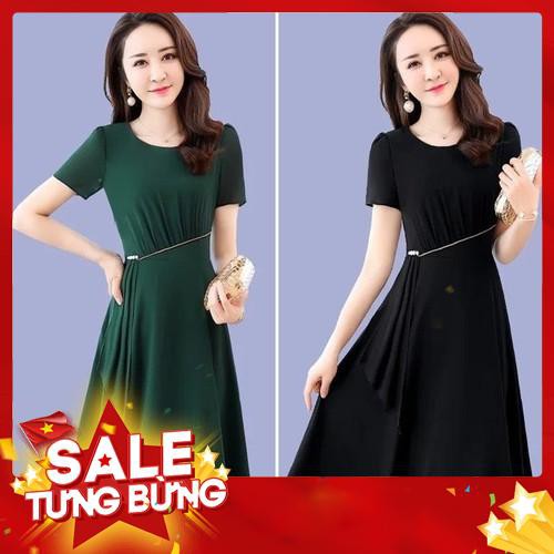 Đầm dự tiệc váy voan nữ tay ngắn cổ tròn màu đỏ đen xanh đi dự tiệc công sở dạo phố -Hàng nhập khẩu