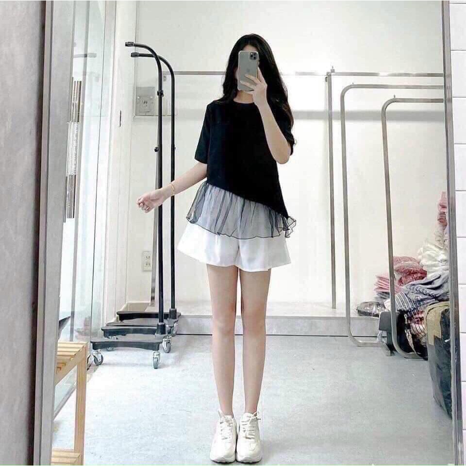 SET ÁO THUN ĐEN PHỐI LƯỚI + SHORT TRẮNG CỰC XINH