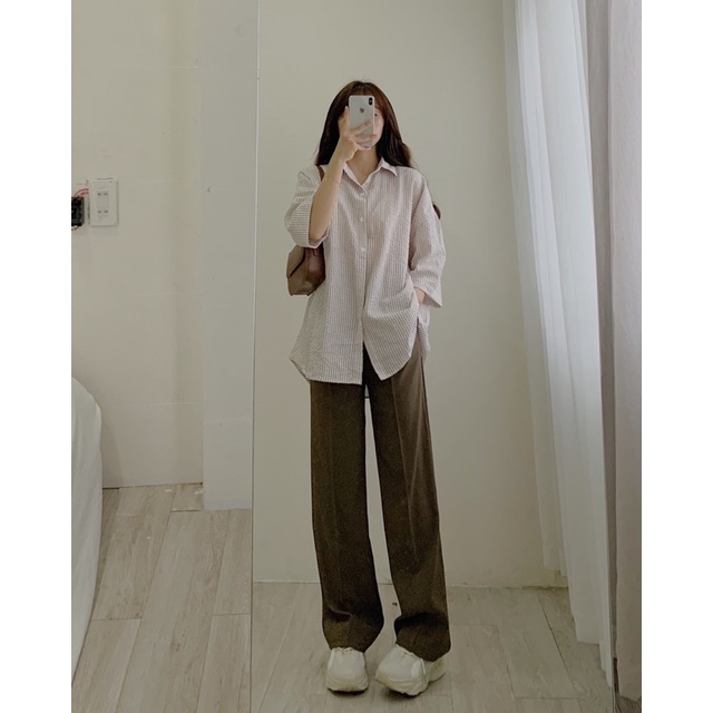 Áo sơ mi kẻ vải xốp tay lỡ 266
