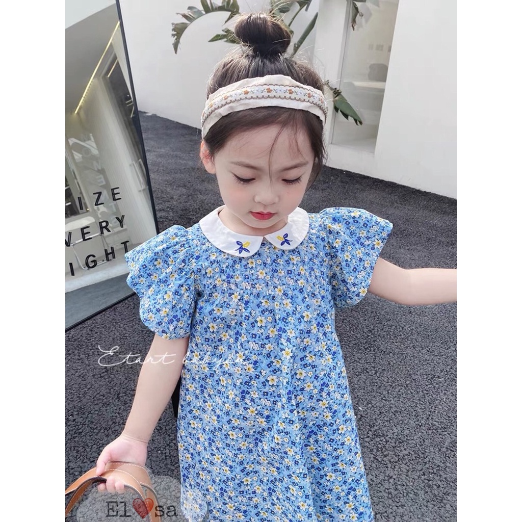 Váy bé gái,Váy Babydoll Xanh Hoa Nhí Cổ Thêu Siêu Xinh VAY013