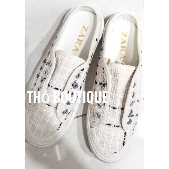 Giày sneakers sục ZARA xuất Âu xịn thể thao hở gót dạ tweed trắng đen sọc đế 2cm size 35-36-37-38