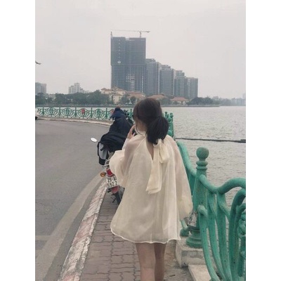 Áo kiểu bánh bèo lụa óng khuy đá cổ ngọc dáng chocker