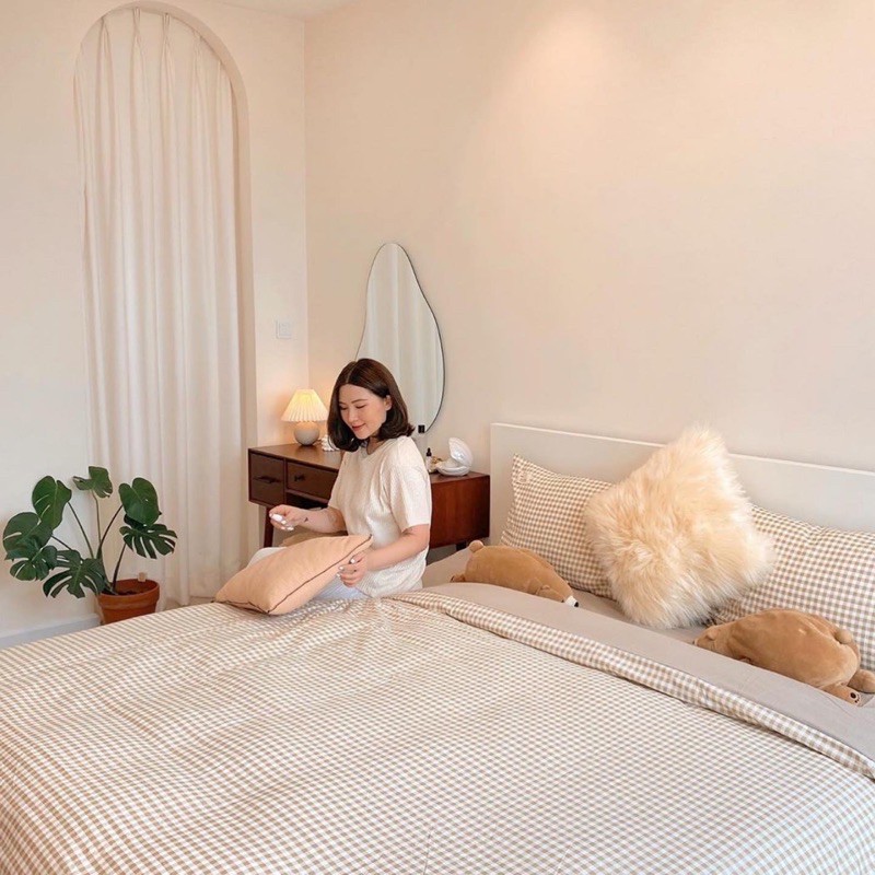 [FREESHIP] Bộ chăn ga gối Cotton đũi: hoạ tiết caro beige | BigBuy360 - bigbuy360.vn