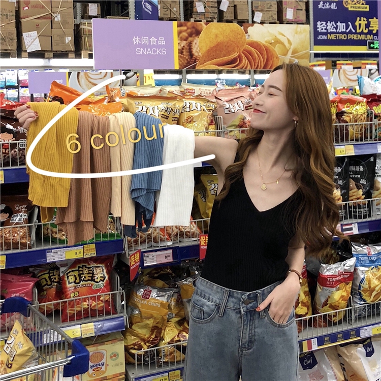 IELGY    Áo Tank Top Dệt Kim Cổ Chữ V Dáng Ôm Phong Cách Cổ Điển Thời Trang Cho Nữ