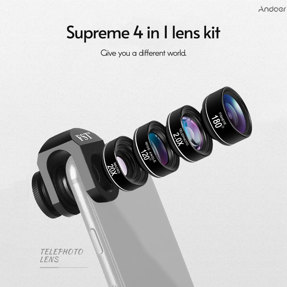 ✧   Clip-on Phone Camera Lens Phone Lens Kit 4 in 1 Including 180°Fisheye Lens 120°Wide Angle Lens 20X Macro Lens 2.0X Telephoto Lens with Lens Clip Wiping Cloth Storage Bag EVA Bag