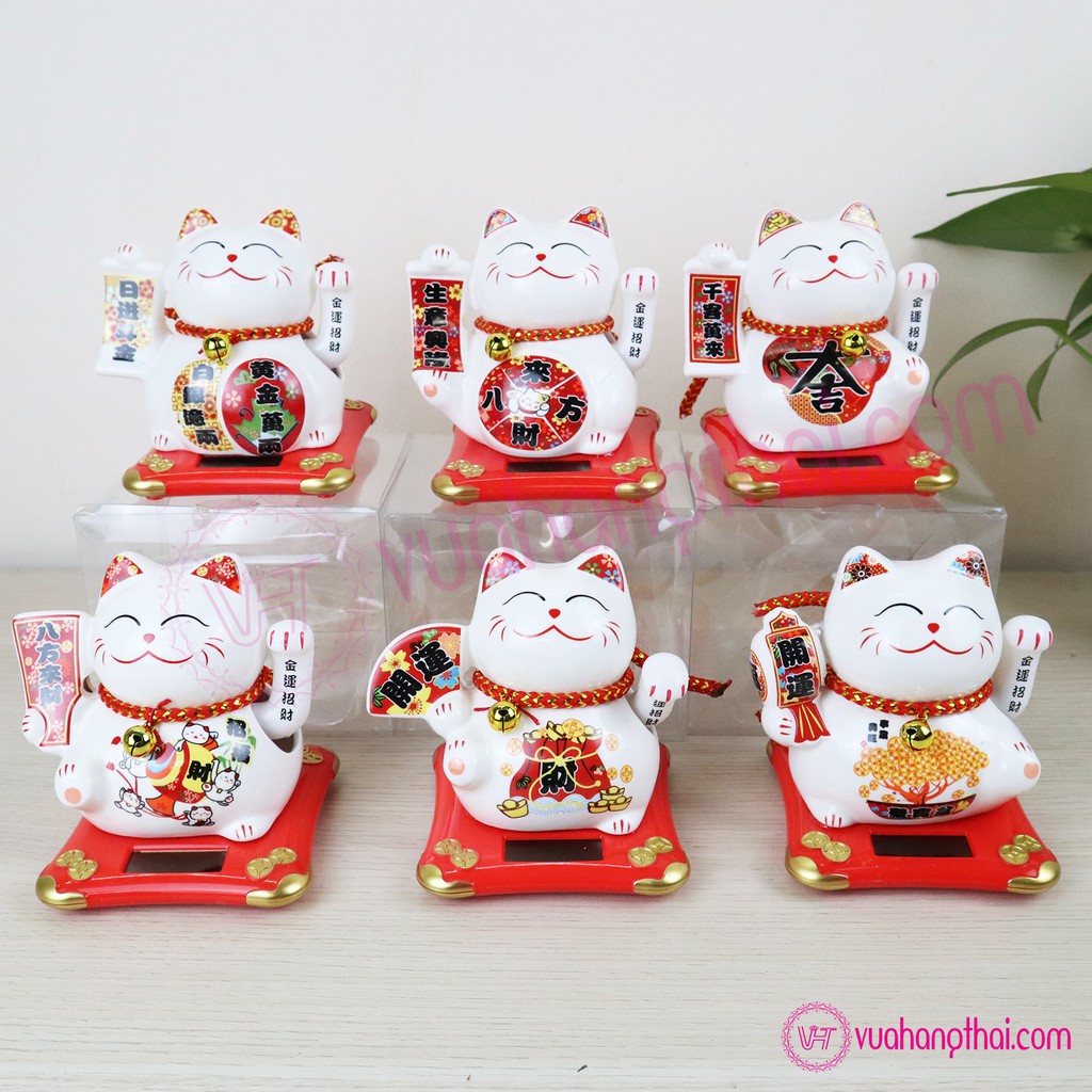 Mèo Thần Tài Vẫy Tay Maneki Neko Dùng Năng Lượng Mặt Trời, Bằng Sứ 11cm - Chiêu Tài Lộc, Kinh Doanh Hồng Phát