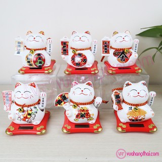 Mèo Thần Tài Vẫy Tay Maneki Neko Dùng Năng Lượng Mặt Trời, Bằng Sứ 11cm - Chiêu Tài Lộc, Kinh Doanh Hồng Phát