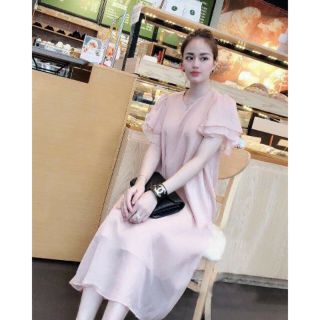 Đầm voan tơ lụa 2 lớp tay bồng