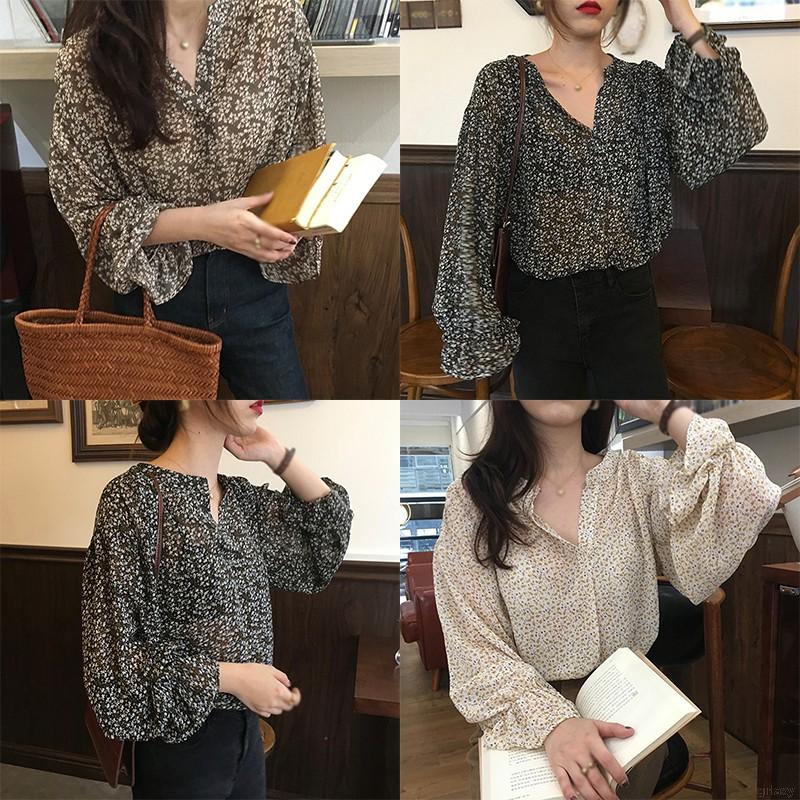 Áo Chiffon Cổ Tròn Tay Dài Họa Tiết Phong Cách Thời Trang Retro Hàn