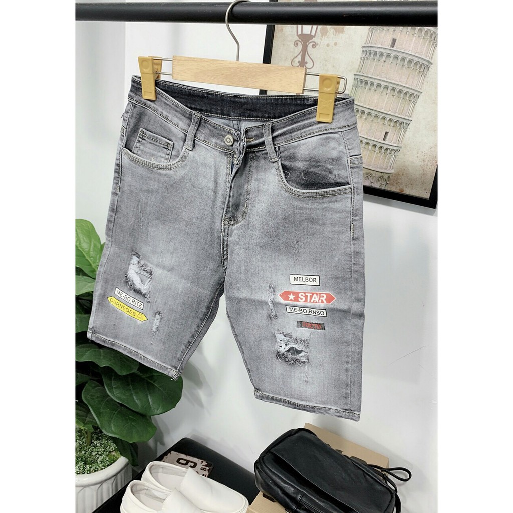 Quần short jean nam xám trơn thêu logo chất bò form đẹp mẫu mới nhất cao cấp AHFASHION