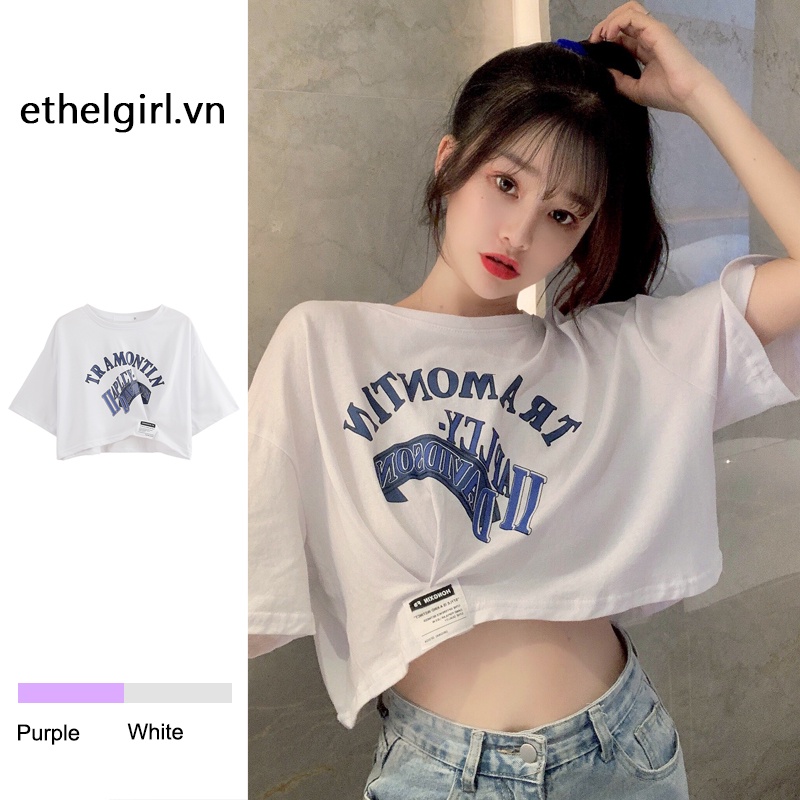 Áo thun croptop tay ngắn dáng rộng in hình phong cách Hàn Quốc thời trang cho nữ