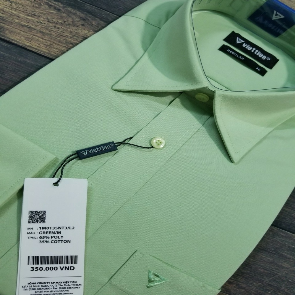 Áo sơ mi nam Việt tiến tay dài màu xanh bơ ,chính hãng , cao cấp – form suông  REGULAR- tà bầu