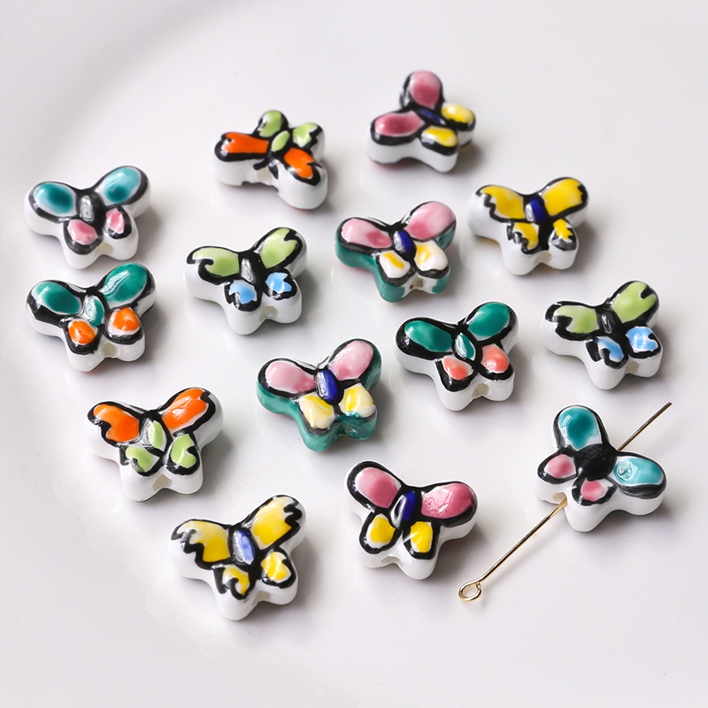 hạt phụ kiện xỏ dây hình bươm bướm và hoa bằng gốm làm khuyên tai/vòng cổ handmade DIy dễ thương