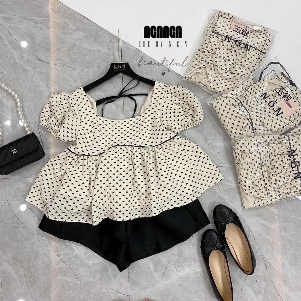 Đồ bộ nữ baby doll tim trắng quần đen cho nữ