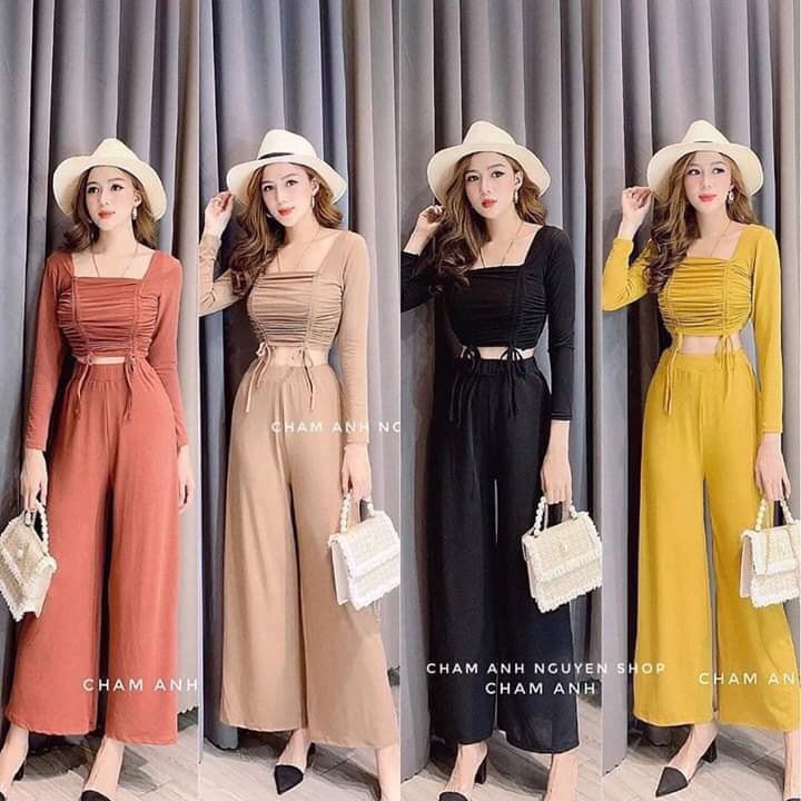 Sét bộ áo cổ vuông rút dây 2 bên phối quần ống suông cực xinh , chất thun lụa mềm mịn