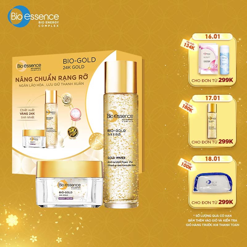 Hộp Quà Bio-essence Kem Dưỡng Ban Đêm Bio-Essence Bio-Gold 40gr và Nước Dưỡng Bio Gold 30ml