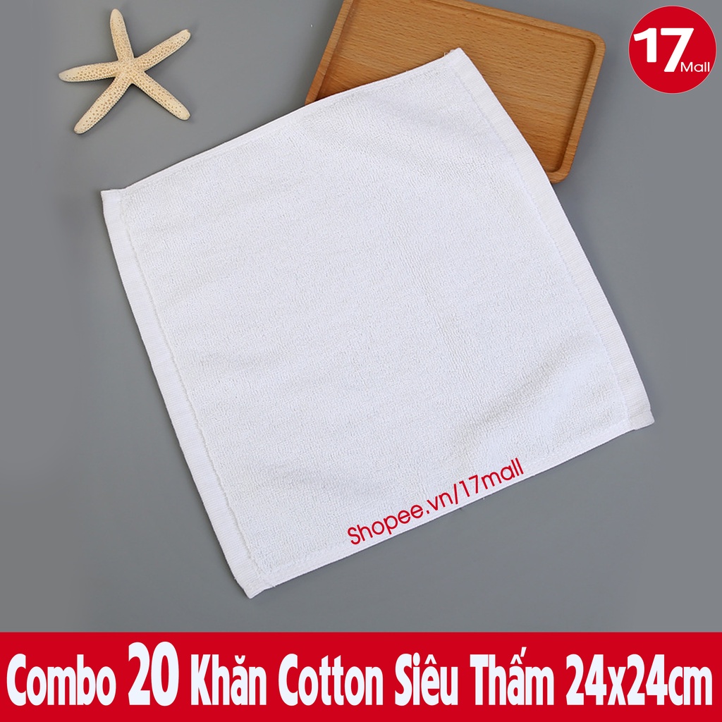 Combo 20 khăn trắng cotton 24x24 đa năng, khăn vuông lau bếp, xe ô tô, lau quán ăn, bệnh viện, spa, nail, trường học