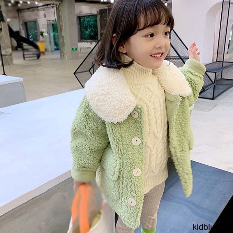 Áo khoác cardigan lông cừu tay dài cổ bẻ màu xanh lục giữ ấm phong cách ngày thường cho bé gái
