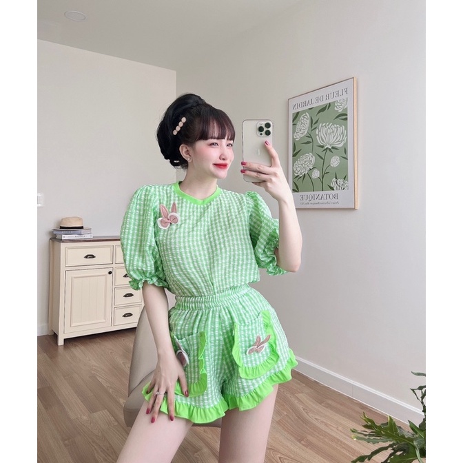 Set caro xinh yêu quần bèo phối viền đủ màu