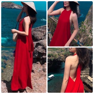 Đầm maxi đỏ cổ yếm hở lưng
