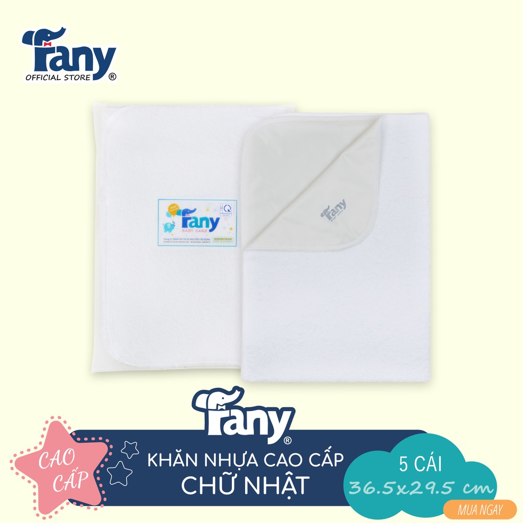 Khăn nhựa chữ nhật cao cấp Fany® 2 lớp 29,5x36,5 cm 5 khăn/ bịch mặt lông 100% cotton phủ nhựa PVC ngăn nước chống thấm