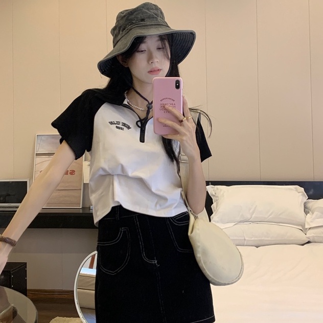 Áo thun croptop ZHELIHANGFEI tay ngắn cổ polo in chữ phong cách vintage Mỹ tùy chọn màu sắc