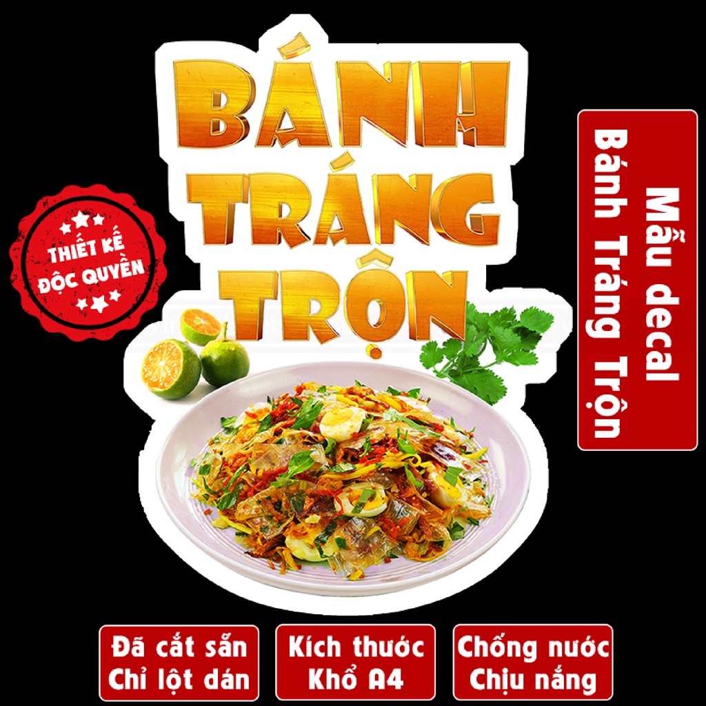 Decal BÁNH TRÁNG TRỘN trang trí quán nước, dán tường, tủ kính,dán xe đẩy cao cấp chống nước- A4 cắt sẵn chỉ cần lột dán