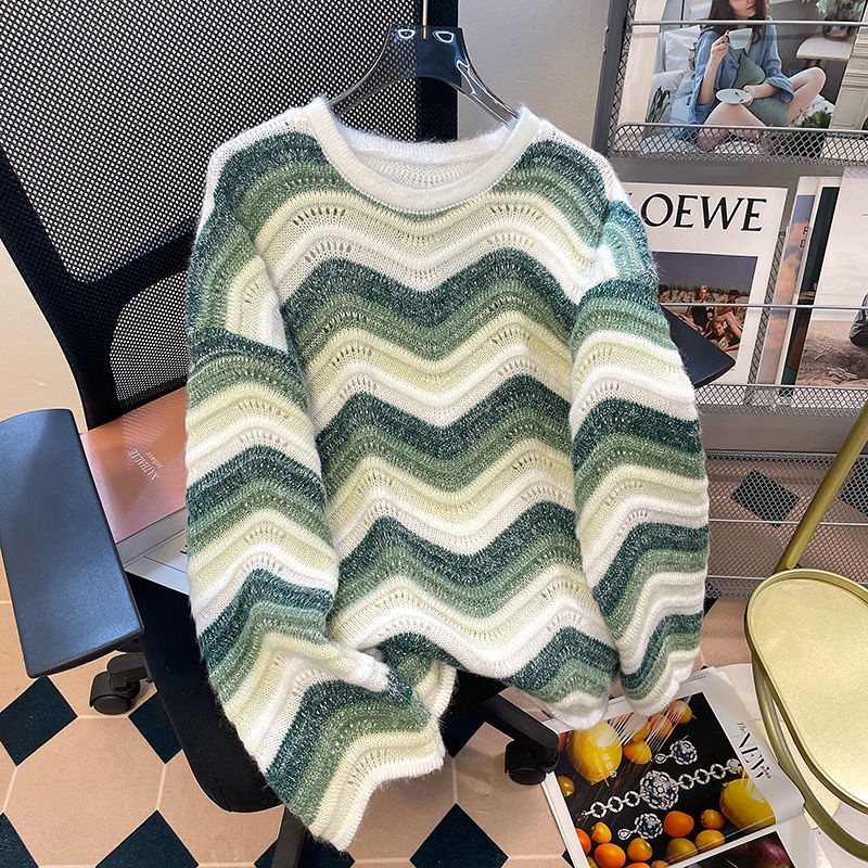 Áo Sweater Dệt Kim Tay Dài Kẻ Sọc Nhiều Màu Thời Trang Thu Đông Cho Nữ