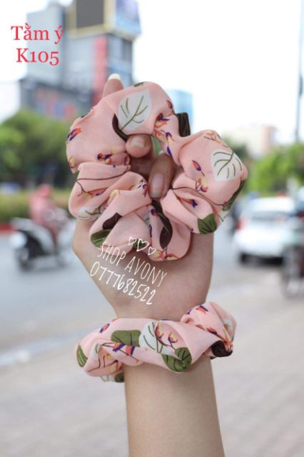 🥬 Cột tóc vải Scrunchies tằm Ý in họa tiết chiếc lá