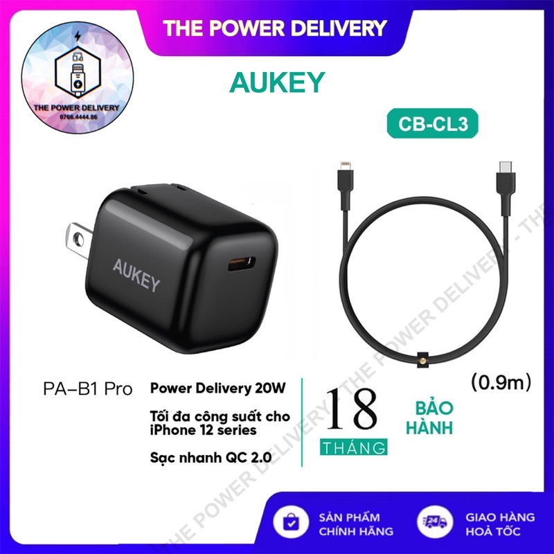 Cốc Sạc Nhanh 20W Omnia Aukey PA-B1 Pro Công nghệ GAN 2 Trong 1 PD 20W + QC 18W - Chính Hãng
