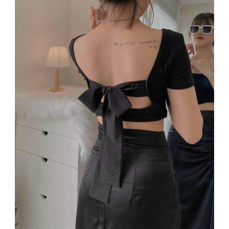 Áo croptop buộc nơ lưng vải thun gân - Z7N