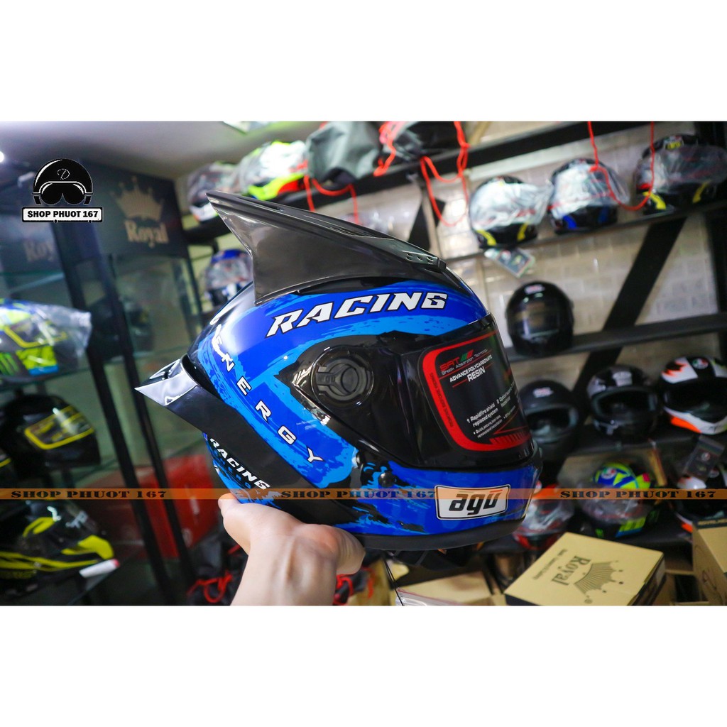 Nón Fullface AGU Tem RACING Xanh dương lên Đuôi gió và Tai rùa như hình, tặng túi đựng nón