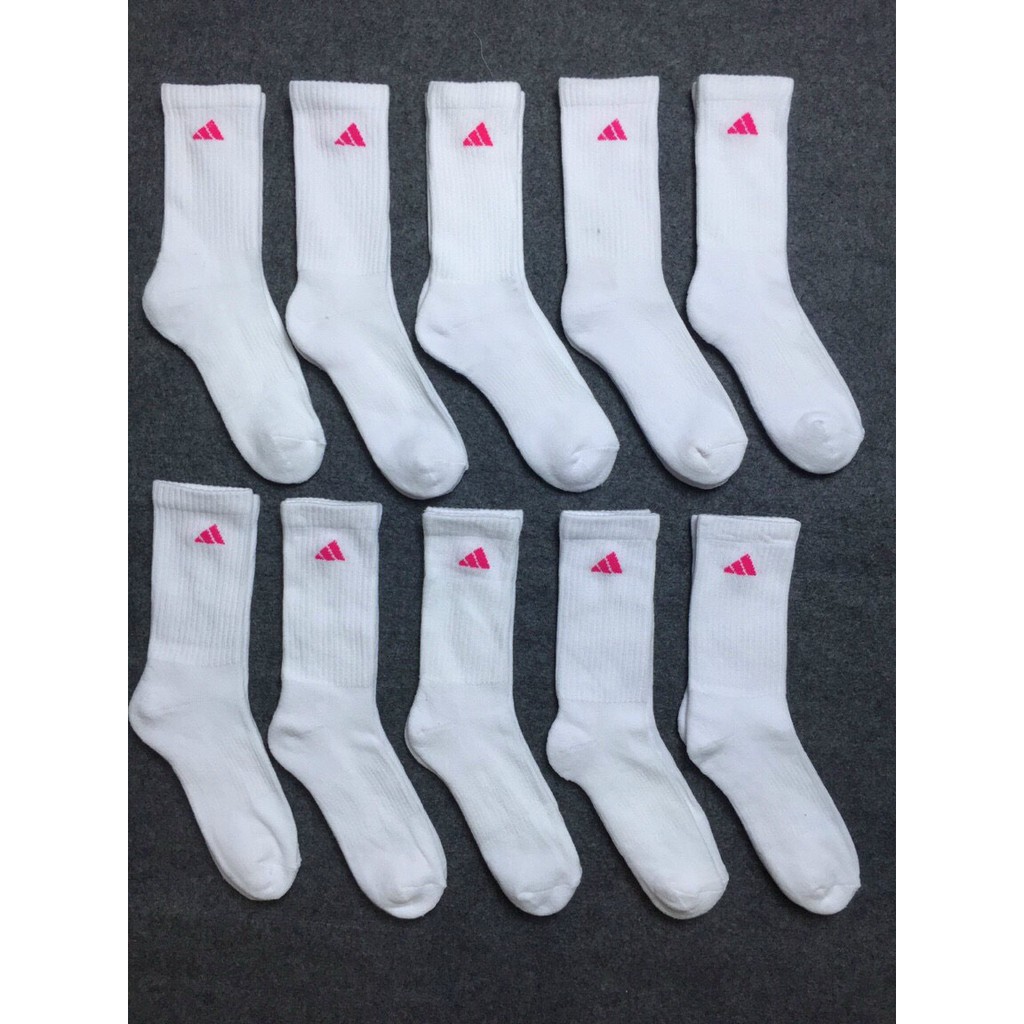 Vớ Adidas cao cổ màu trắng logo 3 sọc hồng đậm
